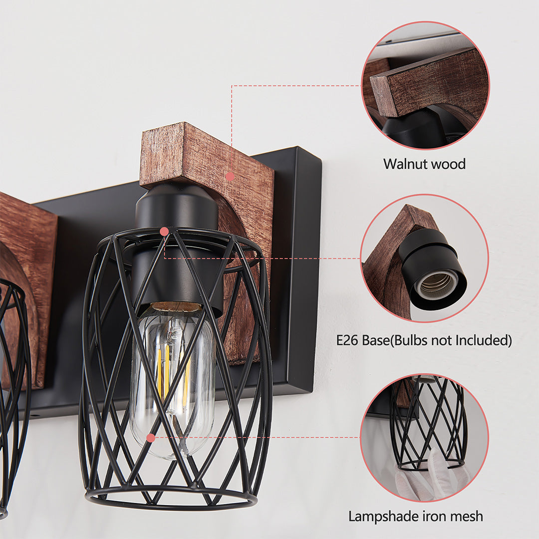 Black Metal Cage Vanity Light with Walnut Accents for Bathroom Mirror