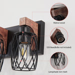 Black Metal Cage Vanity Light with Walnut Accents for Bathroom Mirror