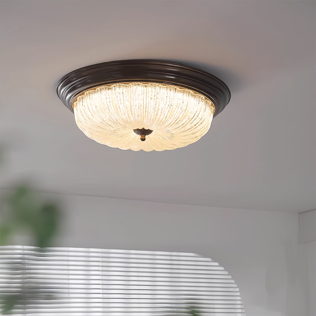 Walnut Wood Retro Dome Flush Mount Ceiling Light with Prismatic Glass Shade