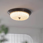 Walnut Wood Retro Dome Flush Mount Ceiling Light with Prismatic Glass Shade