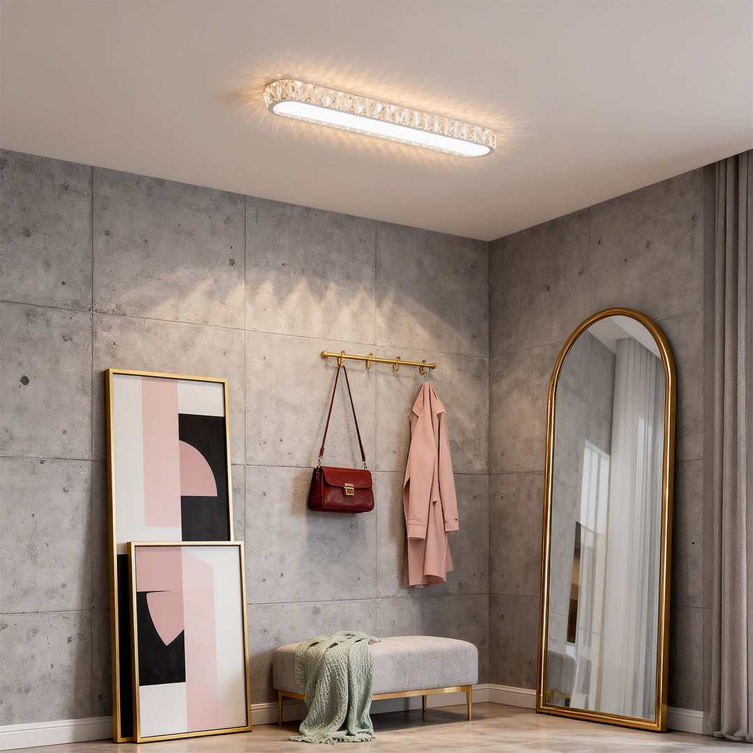 Linear Crystal LED Flush Mount Ceiling Light, Chrome Finish, Modern Minimalist