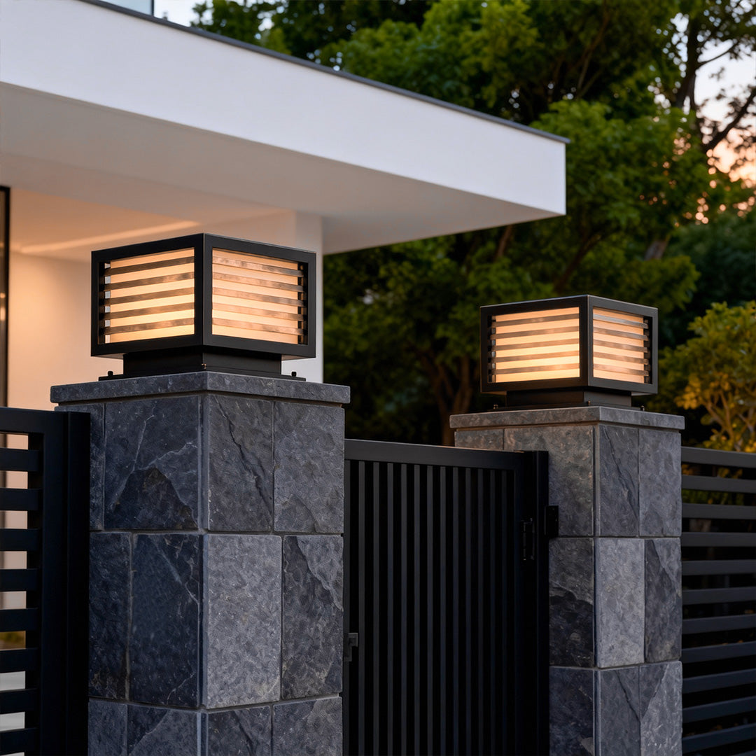 Modern Copper Pillar Light with Marble Shade for Outdoor Courtyards