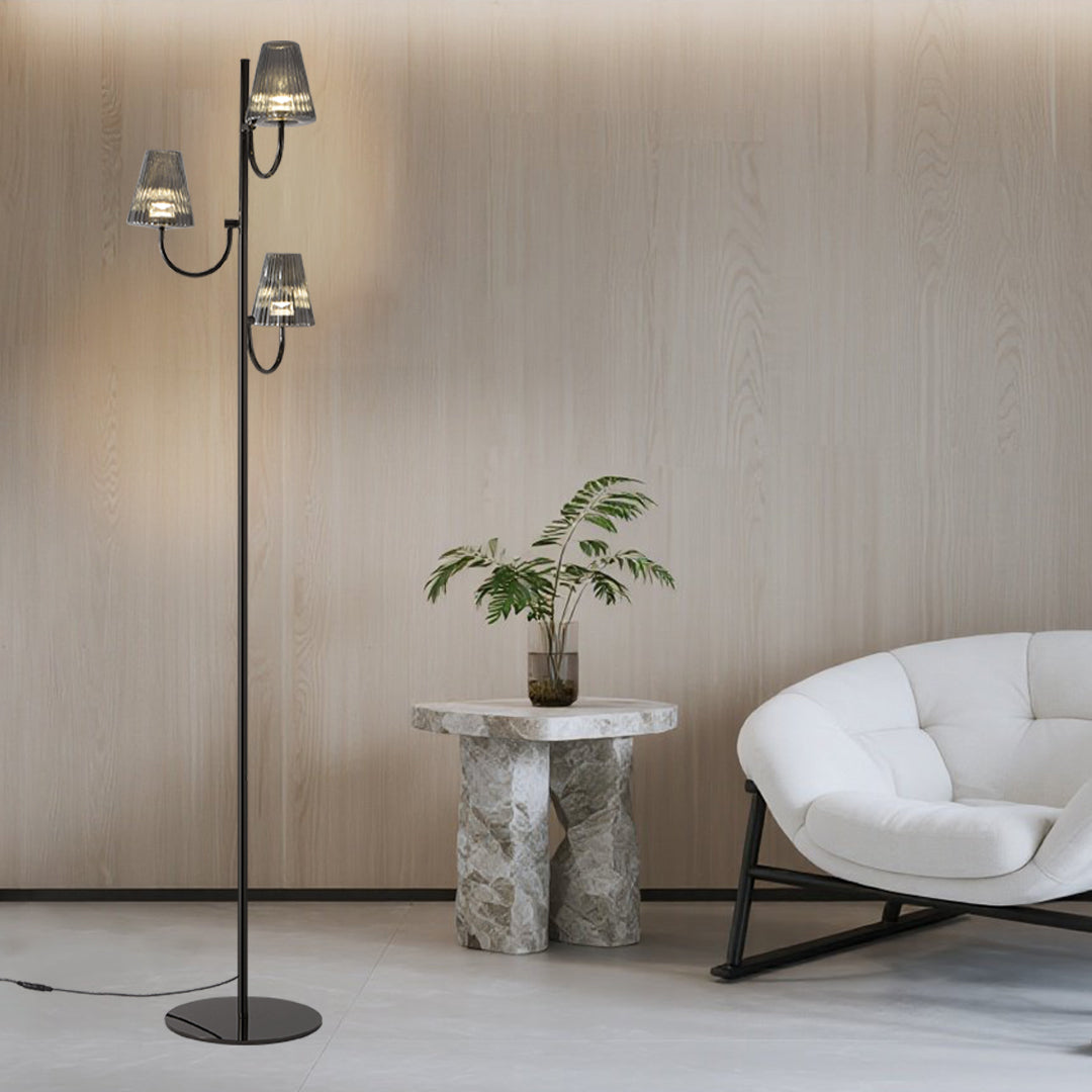 Minimalist Black Contemporary Floor Lamp with Three Glass Shades