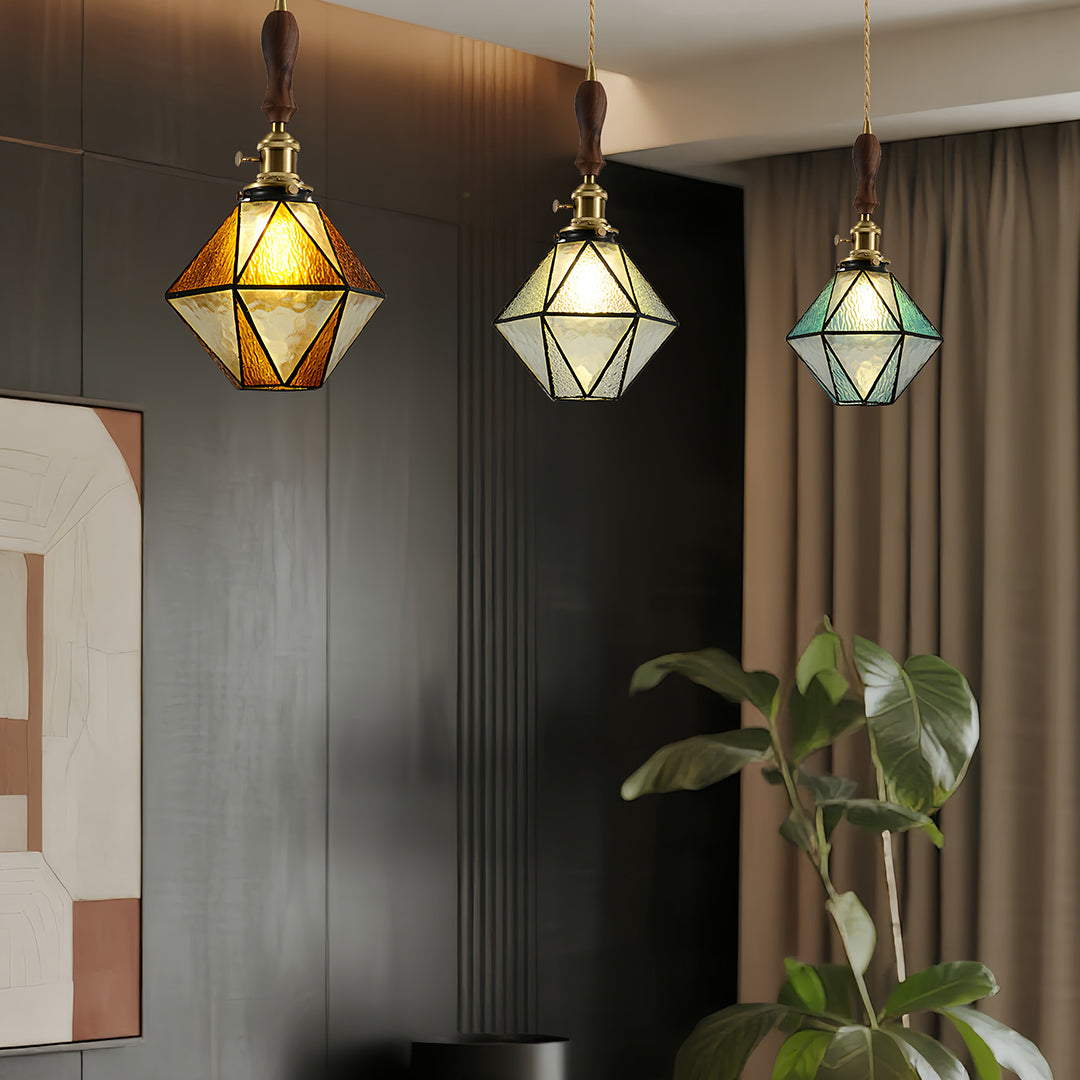 Diamond Glass Pendant Light with Brass and Wood Accents