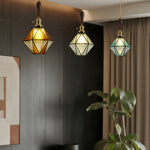 Diamond Glass Pendant Light with Brass and Wood Accents
