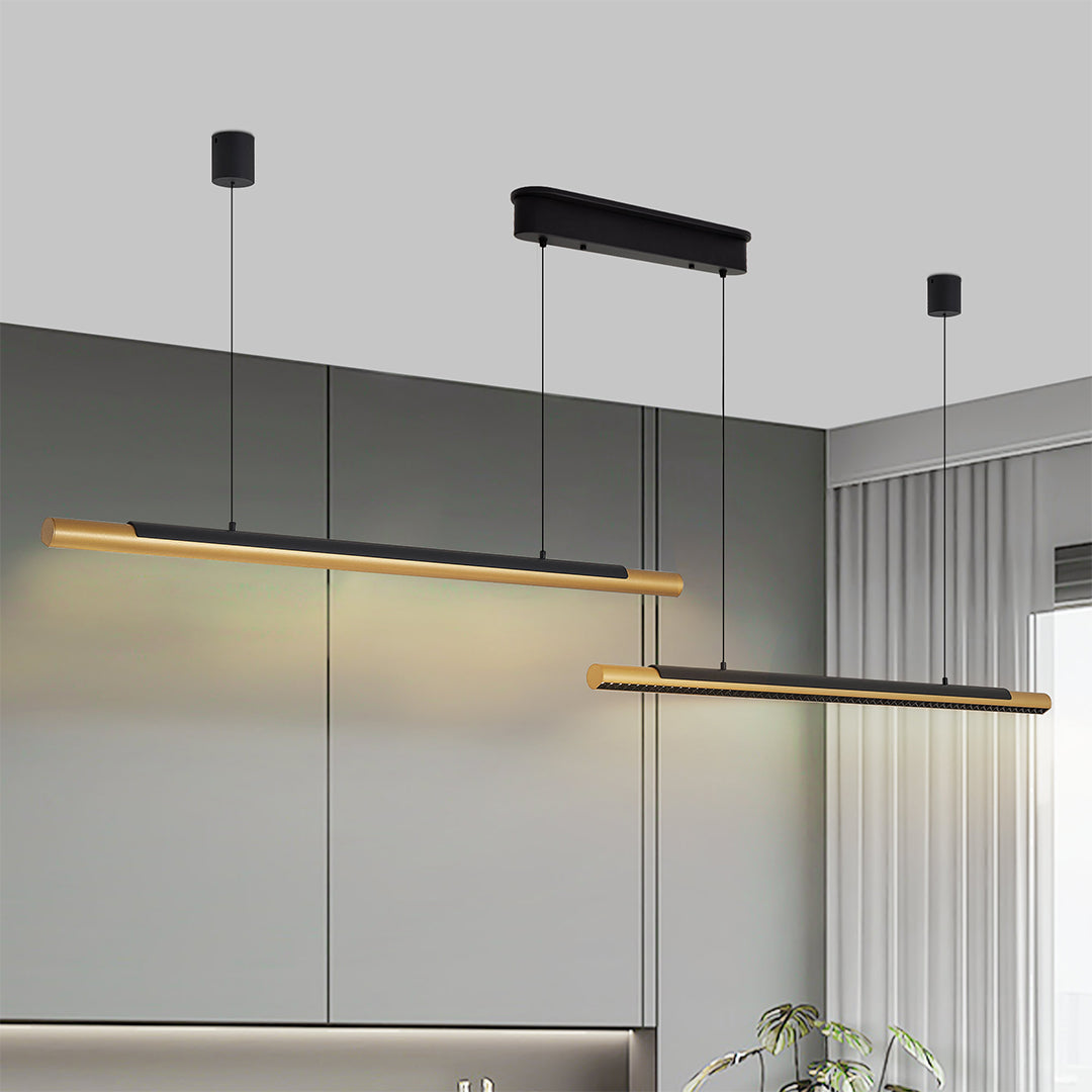 Modern Dual-Head Linear LED Pendant Light in Gold and Black