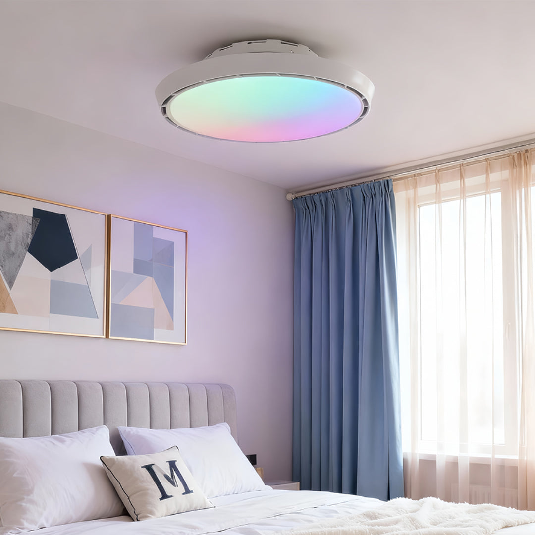 Modern Bladeless Ceiling Fan with Dimmable LED Light, Round Flush Mount in White or Wood Grain