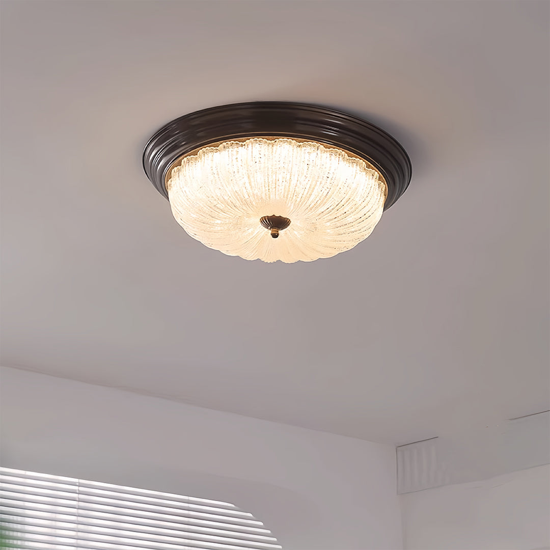 Walnut Wood Retro Dome Flush Mount Ceiling Light with Prismatic Glass Shade