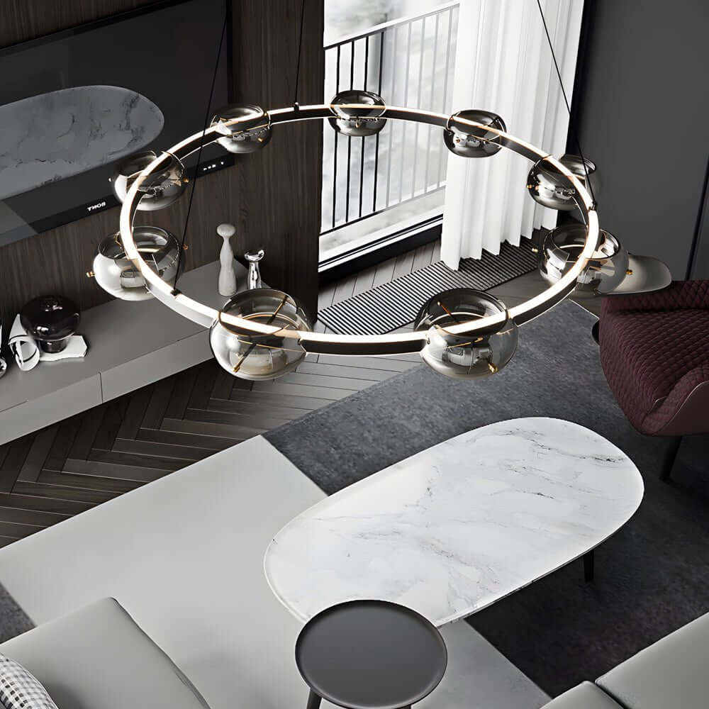 Modern Black Copper Ring LED Chandelier with Glass Spheres