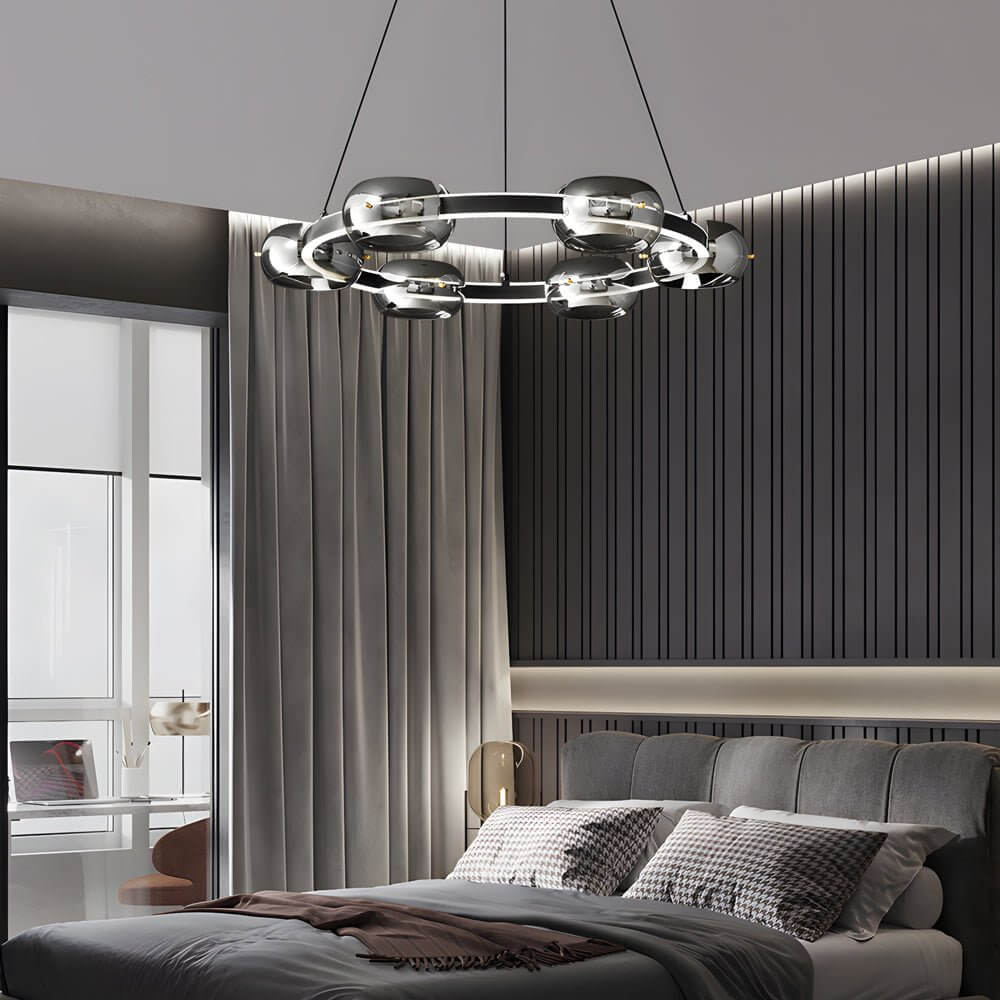 Modern Black Copper Ring LED Chandelier with Glass Spheres