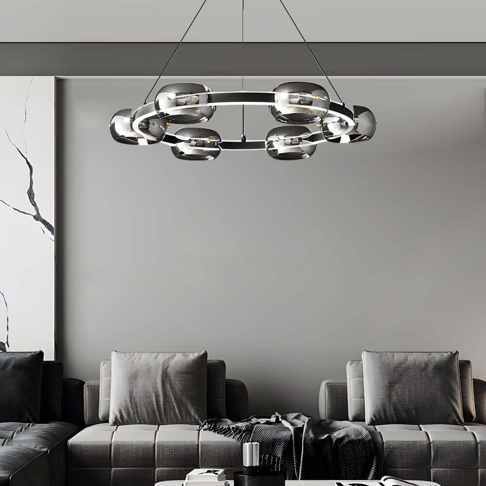 Modern Black Copper Ring LED Chandelier with Glass Spheres