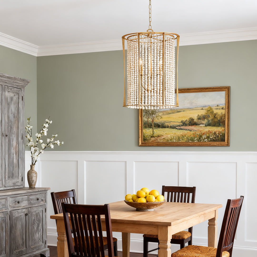 Handcrafted Wood Bead Chandelier with Gold Finish, 3-Light Candle Sockets