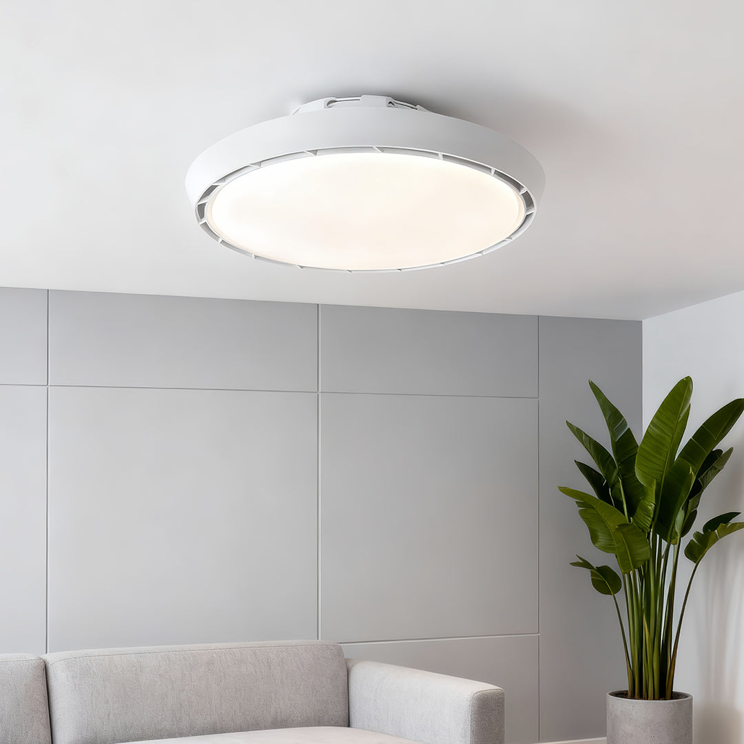 Modern Bladeless Ceiling Fan with Dimmable LED Light, Round Flush Mount in White or Wood Grain