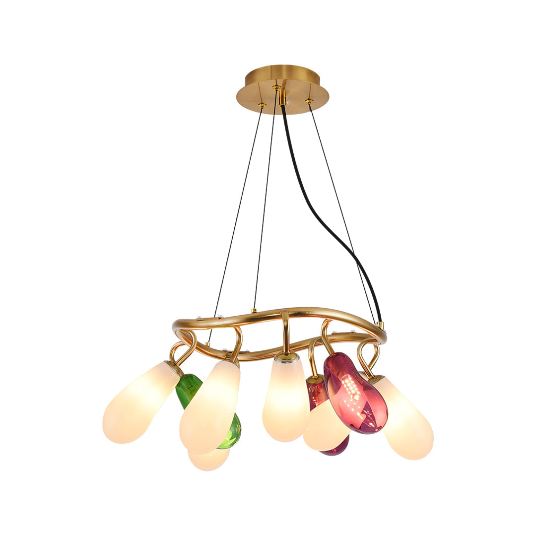 Artisan Colored Glass Chandelier with Brass Frame for Modern Interiors