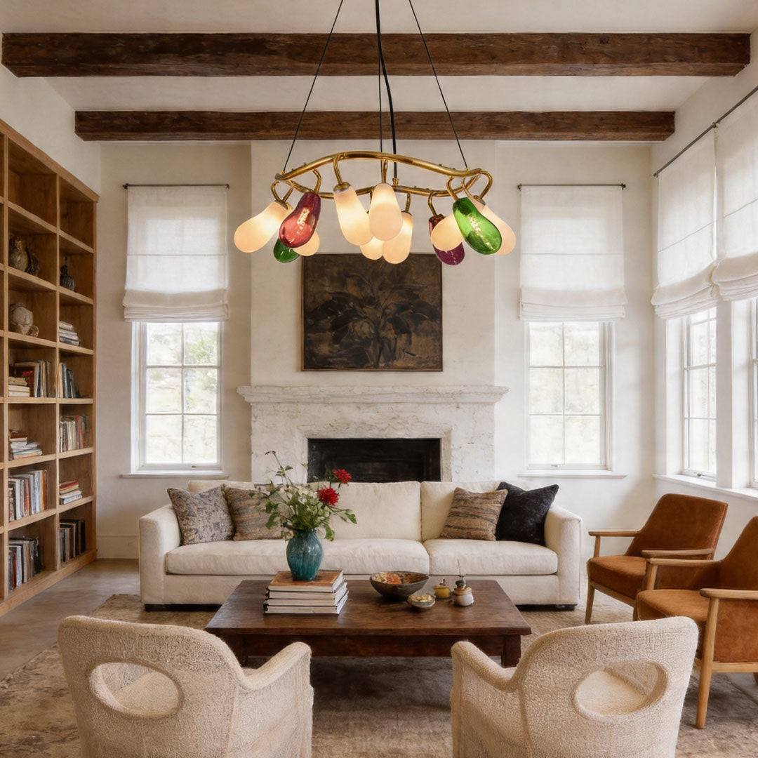 Artisan Colored Glass Chandelier with Brass Frame for Modern Interiors