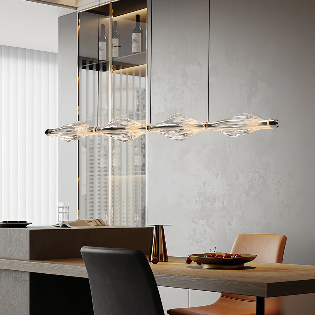 Crystal Linear Pendant Light for Kitchen Island, Modern Chrome LED Suspension