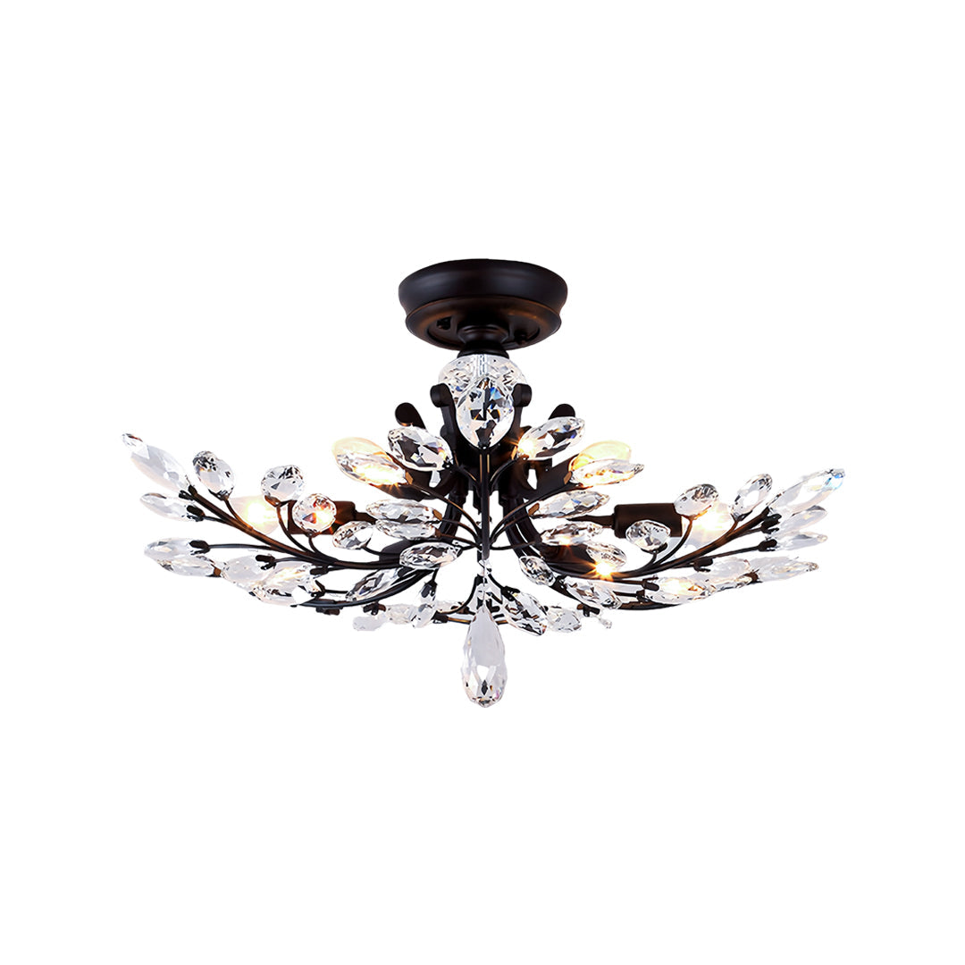 Crystal Leaf Semi Flush Ceiling Light in Black Iron