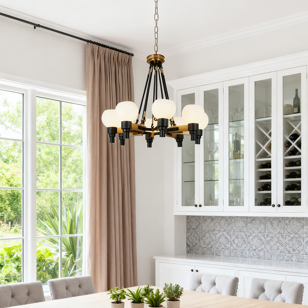 Artisan Eight-Light Globe Chandelier in Black and Clear Glass