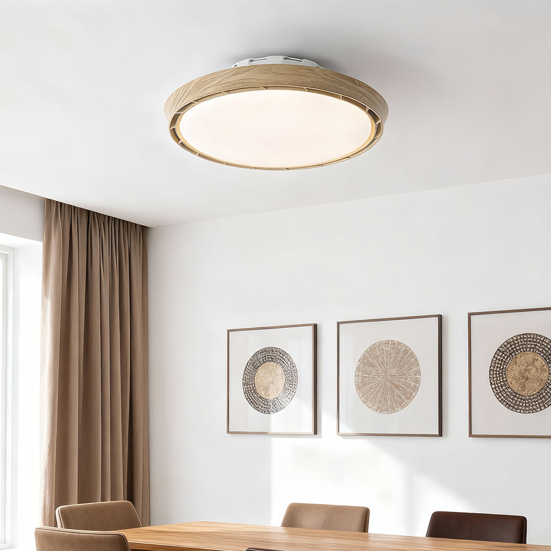 Modern Bladeless Ceiling Fan with Dimmable LED Light, Round Flush Mount in White or Wood Grain
