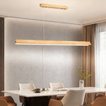 Linear Wood LED Pendant Light with White PVC Shade, Minimalist Dining Room Fixture