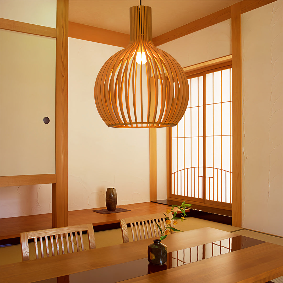 Handcrafted Wooden Birdcage Pendant Light with E27 Socket