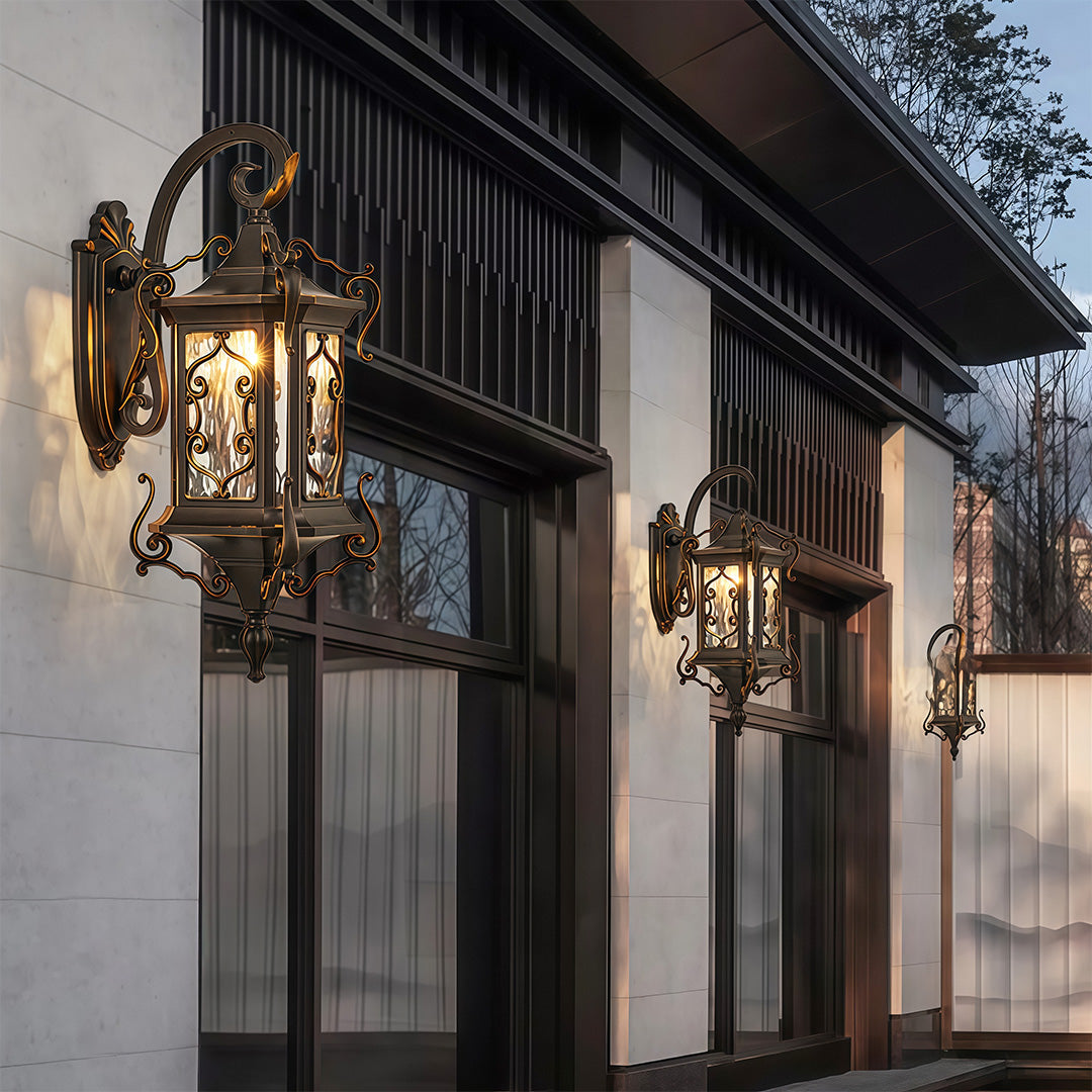 European Outdoor Wall Sconce with Gilded Aluminum Frame and Artisan Glass Shade