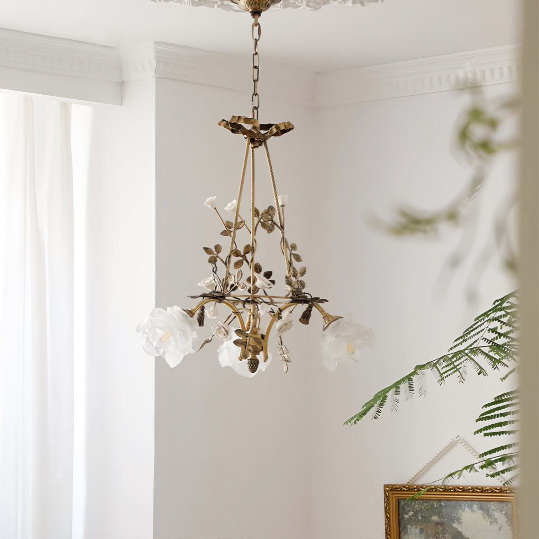 Aurelia Floral Brass Chandelier with White Glass Petals