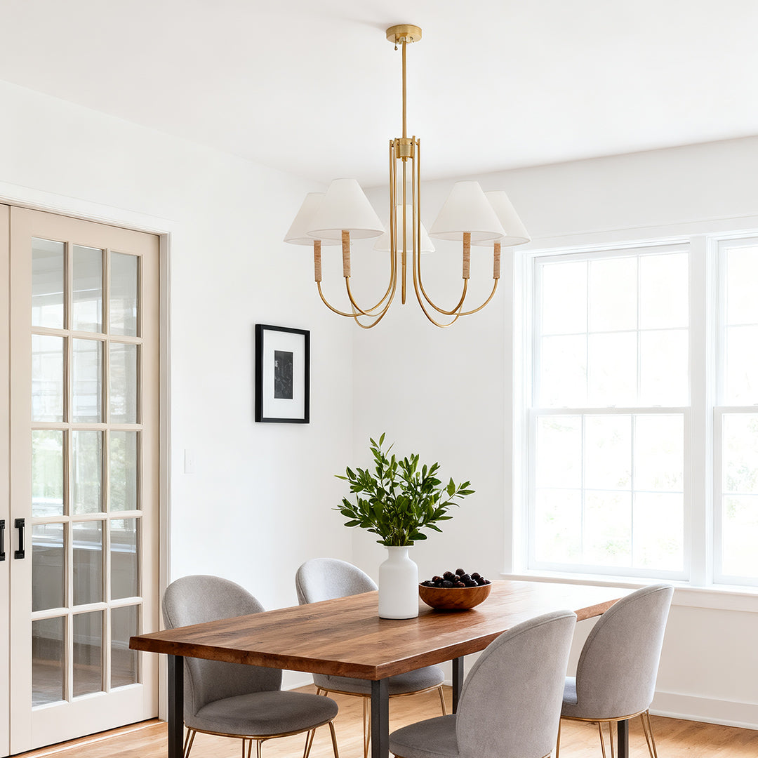 Gold Fabric Shade Chandelier with Copper Frame – 38 Inch Candle Chandelier