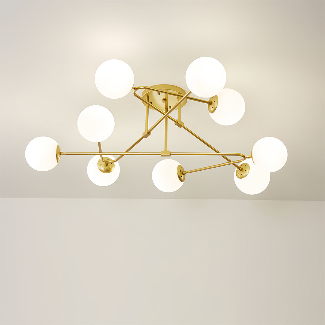 Nordic Gold Semi Flush Mount Ceiling Light with Milk Glass Shades