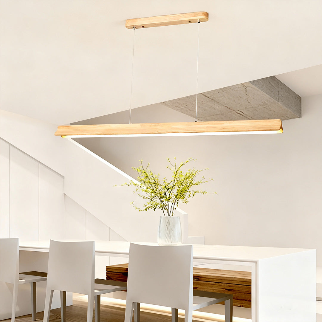 Linear Wood LED Pendant Light with White PVC Shade, Minimalist Dining Room Fixture