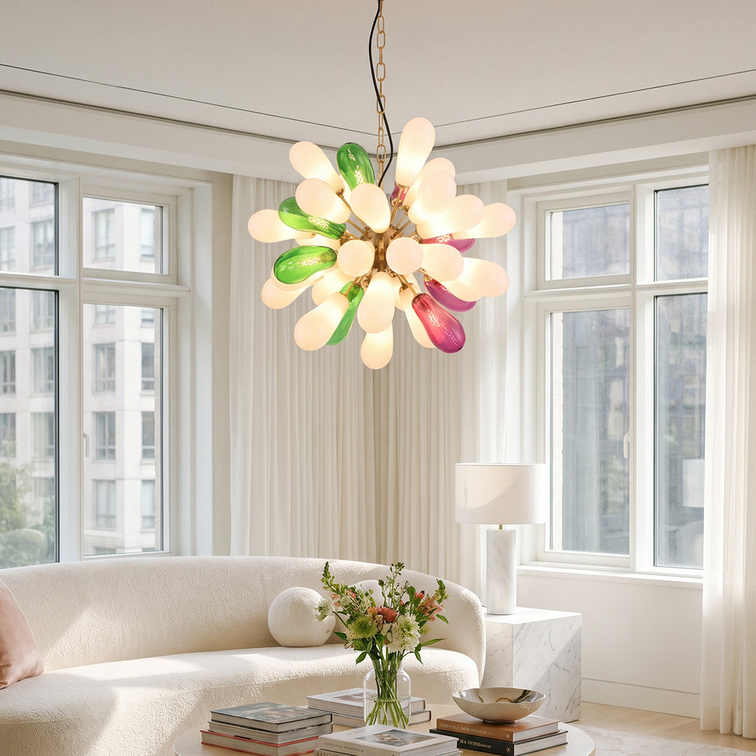 Artisan Colored Glass Chandelier with Brass Frame for Modern Interiors