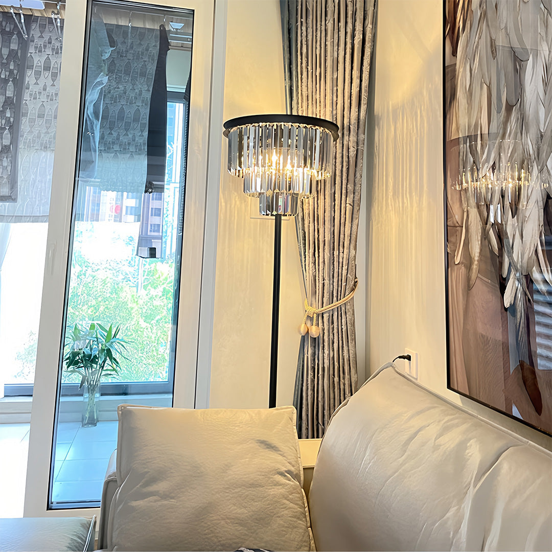 Crystal Floor Lamp with Black Iron Base – American Glamorous Standing Light