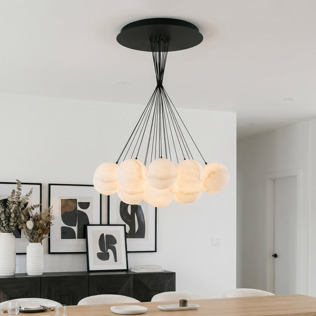 Matte Black Bubble Glass Chandelier with Warm LED Glow