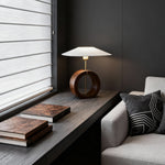 Nordic Walnut Wood Table Lamp with Beige Fabric Shade