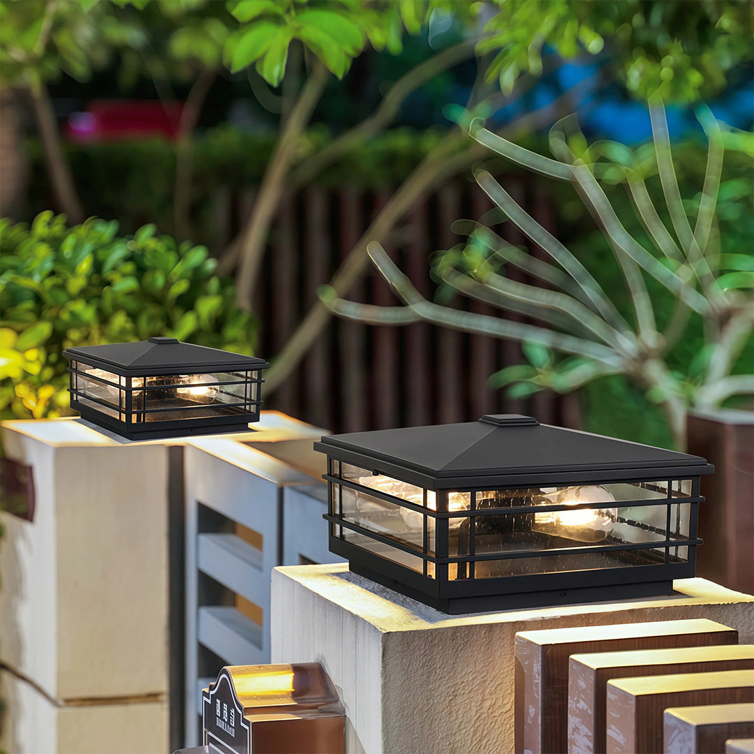 Outdoor Pillar Light in Black Aluminum with Clear Glass Shade for Courtyards