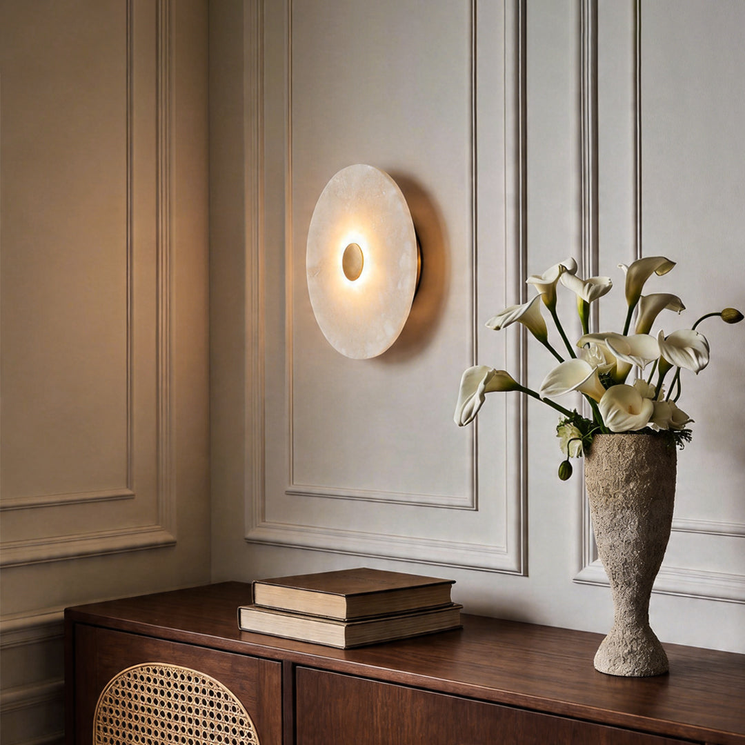 Round Marble Wall Sconce with Brass Accent – Modern Nordic LED Lighting
