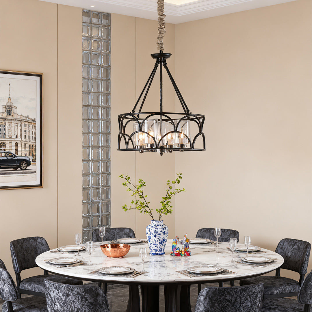 American Vintage Black Metal and Glass Chandelier with Adjustable Chain