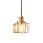 Vintage Brass Square Glass Pendant Light with Adjustable Cord