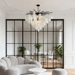 Mother of Pearl Chandelier with Black Metal Frame and Clear Glass Shades