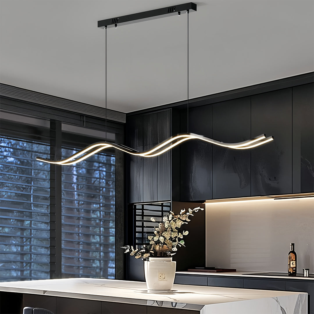 Modern Wavy Black Pendant Light for Kitchen Island, Minimalist LED Linear Suspension