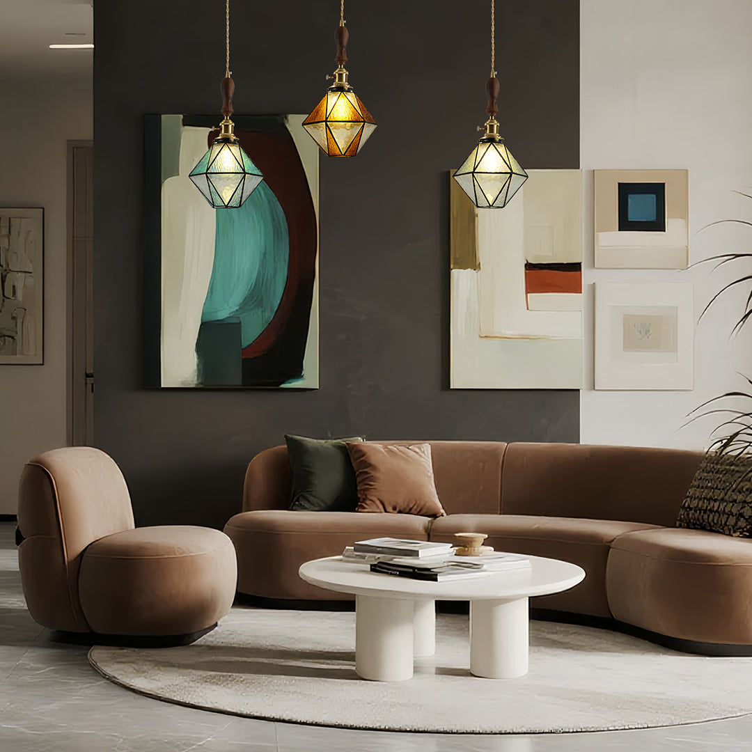 Diamond Glass Pendant Light with Brass and Wood Accents