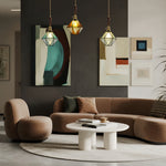 Diamond Glass Pendant Light with Brass and Wood Accents