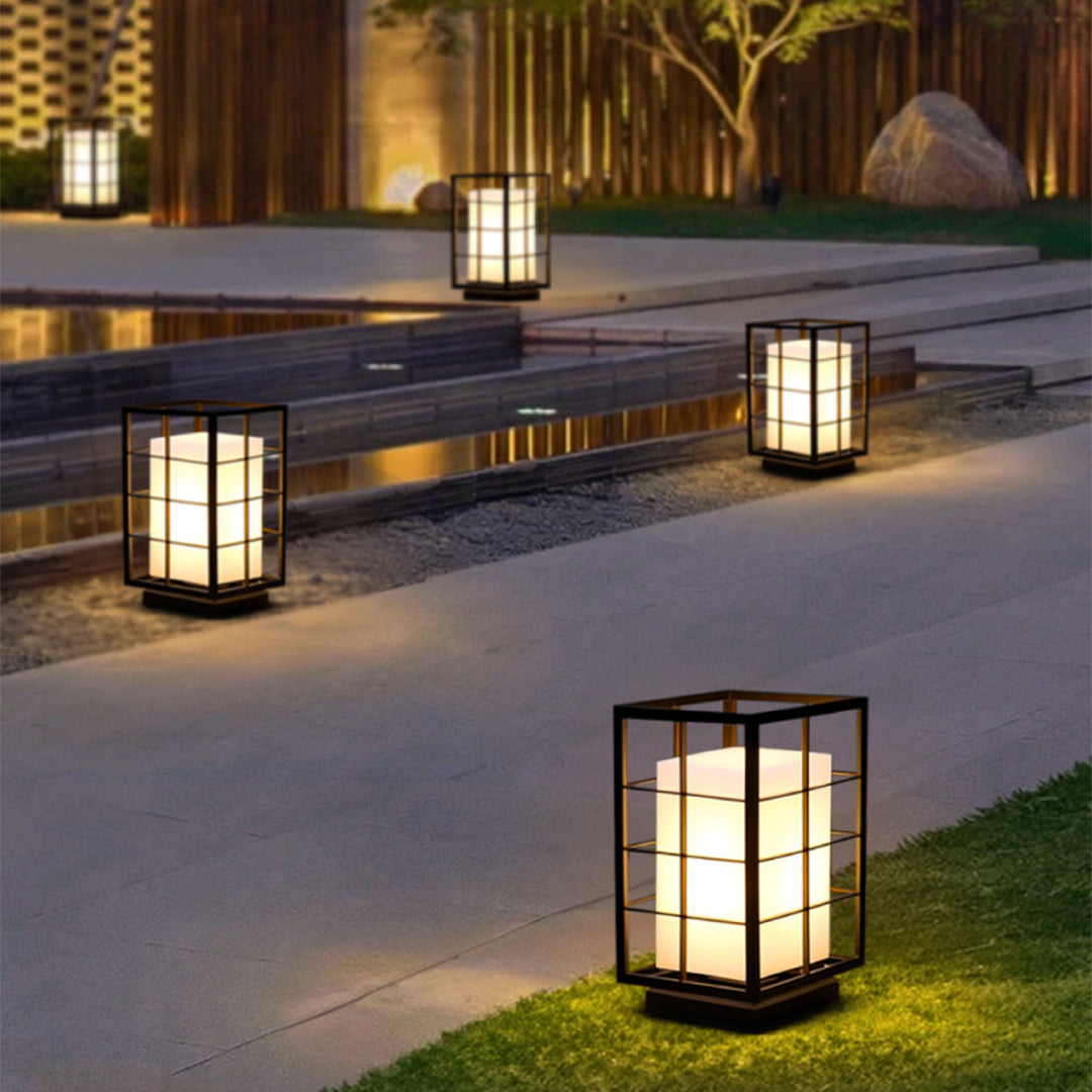 Modern Japanese Outdoor Lantern in Graphite Steel with Warm LED Glow