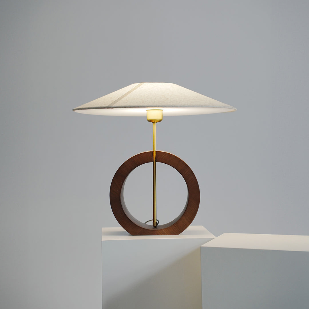 Nordic Walnut Wood Table Lamp with Beige Fabric Shade