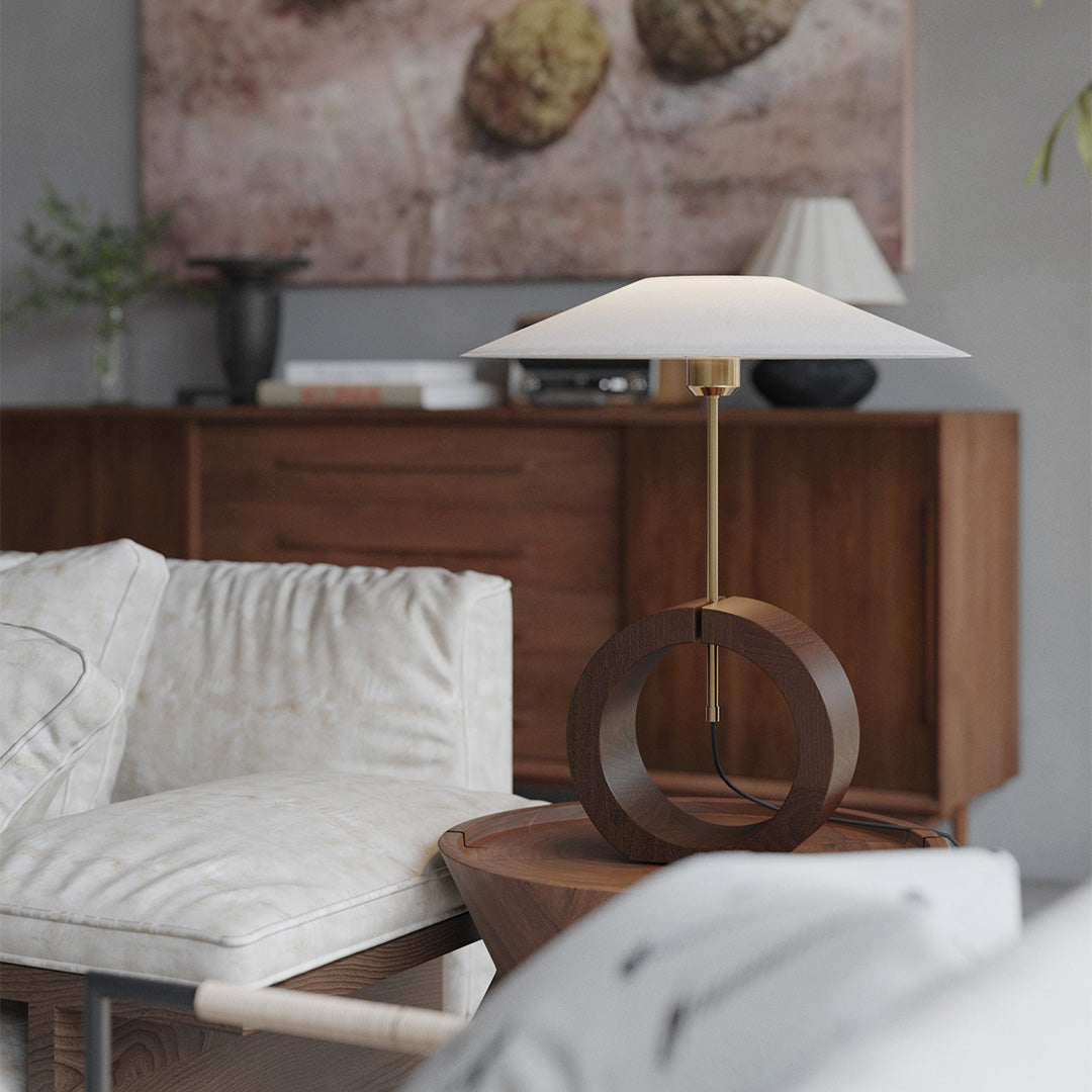 Nordic Walnut Wood Table Lamp with Beige Fabric Shade