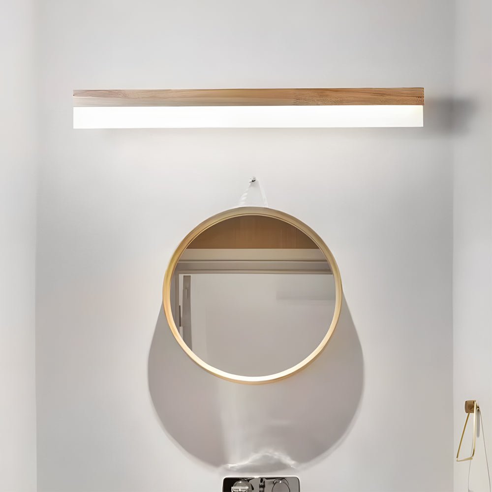 Natural Wood LED Vanity Light with Frosted Shade for Bathroom Mirror