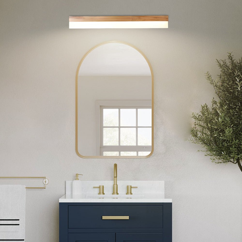 Natural Wood LED Vanity Light with Frosted Shade for Bathroom Mirror