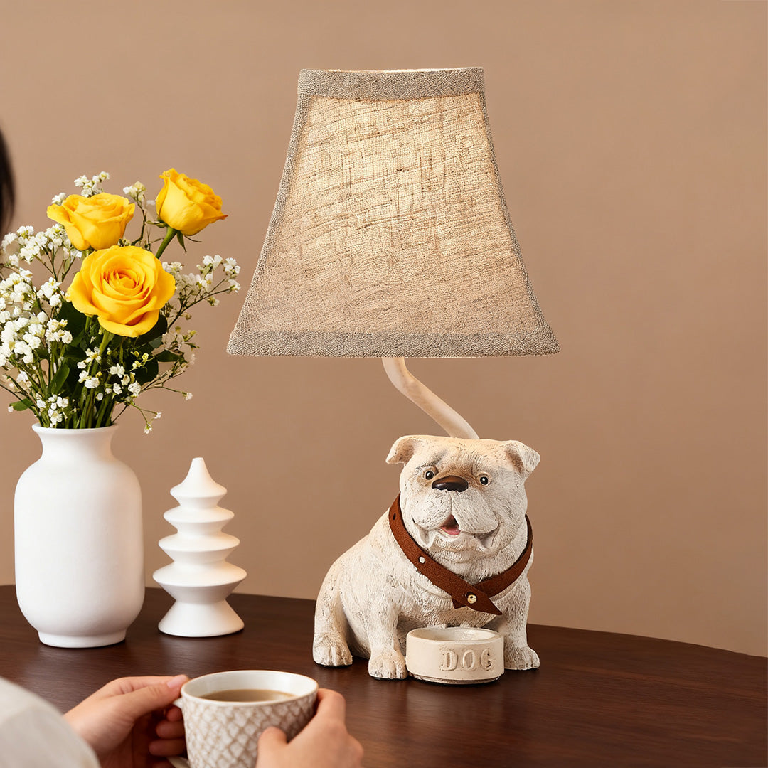 White Resin Dog Table Lamp with Fabric Shade, Mid-Century Modern Decor