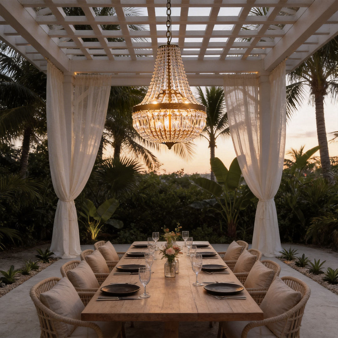 Lumière Cascade Crystal Pendant Lantern in Gold Iron for Outdoor Elegance