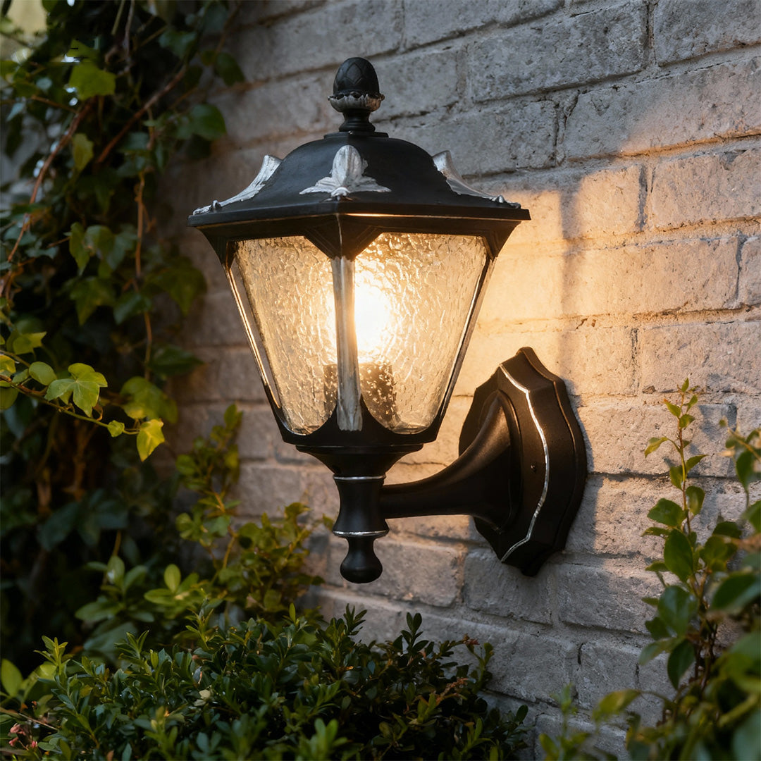 Vintage Outdoor Wall Lantern with Clear Glass Shade in Sand Black Aluminum